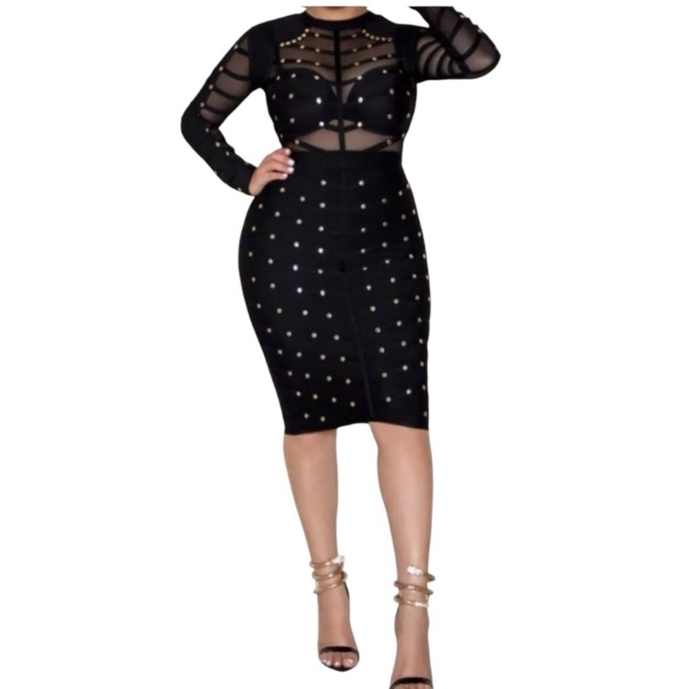 Jainmy Martinez Gracie Studded
Long Sleeve Sheer Mesh Bandage Dress Womens Sz L